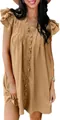Casual brown V-neck mini dress with ruffle sleeves and loose straight fit design. - S / Dresses / Khaki