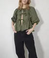 Olive green puff sleeve blouse with front bow ties and round neck - Army Green