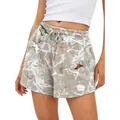 Vue détaillée d'un short décontracté pour femme avec imprimé feuilles 3D et cordon réglable. - S / Bas / Style 3 (Feuille café au lait)