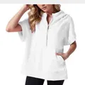 Casual white short sleeve hooded sweatshirt with kangaroo pocket and half-zip design - S / Tops / White
