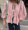 Red and white vertical striped puff sleeve blouse with sweet bow tie front design - Red Stripes