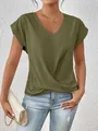 Detailansicht Armee grünes V-Ausschnitt T-Shirt mit elegantem Twist-Saum vorne für Damen - Olivgrün
