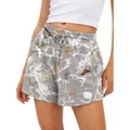 Vue détaillée du short décontracté gris pour femmes avec imprimé feuilles 3D. - S / Bas / Style 4 Feuilles Gris Clair