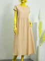 Vestido maxi suelto de algodón y lino melocotón con mangas cortas y bolsillos laterales - Caqui Claro