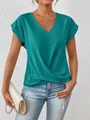 Elegantes blaugrünes T-Shirt mit V-Ausschnitt und Knotendetail für Damen im Frühling Sommer. - Malachitgrün