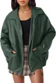 Fashionable detail view of an oversized green faux leather moto jacket worn by a model. - Dark Green