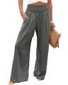Vue détaillée d'un pantalon large en coton vert olive pour femme avec taille élastiquée - S / Bas / Gris