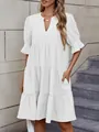 Fashionable casual white V-neck tiered puff sleeve loose dress for women with side pockets - White