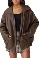 Detailed look at the oversized dark brown faux leather motorcycle jacket with front zipper - S / Tops / Dark Brown
