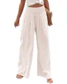 Pantaloni casual a vita alta con elastico e gamba larga in cotone lino color crema donna - Bianco