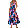 Detail of vibrant floral print summer maxi dress with smocked bodice and tie straps - S / Blue-Purple Floral
