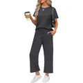 Two-piece casual set featuring a dark grey short sleeve top and matching wide leg pants - Dark Gray