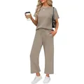 Detailed view of women's casual two-piece set with short-sleeve top and wide-leg pants - Khaki