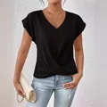 Elegantes schwarzes Damen-T-Shirt mit V-Ausschnitt, Kurzarm und modischem Knotensaum - S / Oberteile / Schwarz