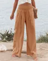 Pantaloni casual da donna in cotone a vita alta arricciata a gamba larga color terracotta - Marrone chiaro