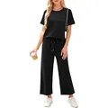 Casual black two-piece summer set featuring short sleeve top and wide leg pants - S / Top And Bottom / Black