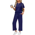 Navy blue two-piece casual set for women with short sleeve top and wide leg pants - S / Top And Bottom / Navy Blue