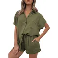 Détail d'un ensemble décontracté pour femme avec chemise et short en coton et lin - S / Haut et Bas / Vert Militaire