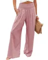 Dettaglio pantaloni larghi in cotone rosa da donna con vita elastica arricciata elastica. - Rosa