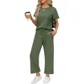Full view of women's olive green 2-piece lounge set featuring short sleeve pocket tee and pants - Green