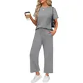 Detail view of women's grey short sleeve top and wide leg pants casual lounge set - Light Gray