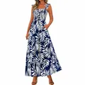 Full view of blue palm leaf print summer dress with smocked bodice and tie straps - Deep Blue Flower