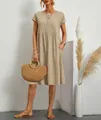 Chic khaki cotton round neck A-line summer dress featuring short sleeves and side pockets - S / Tops / Khaki