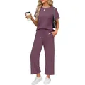 Casual 2-piece women's purple loungewear set with pocket tee and wide-leg trousers - Purple