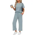 Woman wearing a dusty blue short-sleeved t-shirt and matching drawstring wide-leg pants - Light Blue