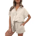 Detailed view of women's casual beige cotton linen button-down shirt and shorts two-piece set - Off White