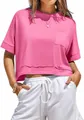 Detailed view of women's pink oversized cropped t-shirt with pocket and loose fit design - S / Tops / Rose Red