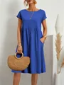 Elegante abito a linea A in cotone blu reale con scollo rotondo e maniche corte da donna - Taglia S / Top / Blu