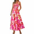 Vibrant floral smocked maxi dress with adjustable tie-straps and summer resort print. - Pink Floral