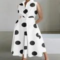 Front view detail of a chic white shirt dress featuring a bold black polka dot pattern - XS / Dresses / White with Large Black Polka Dots