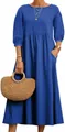 A detailed view of a royal blue loose cotton linen maxi dress with side pockets. - S / Top And Bottom / Sapphire Blue