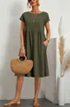 Abito midi casual in cotone verde oliva con scollo rotondo per donna stile OL estate - Taglia S / Top / Verde militare