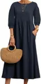 Elegant navy blue loose cotton linen midi dress with long sleeves and pleated waist - Navy Blue