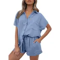 Detailed view of women's light blue cotton linen shirt and shorts set with textured fabric - Light Blue