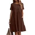 Vestido vintage de algodón y lino marrón para mujer con bolsillos y cuello redondo - Marrón Oscuro