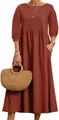 Casual loose long sleeve cotton linen maxi dress for women in terracotta with woven bag - S / Top And Bottom / Red Brown