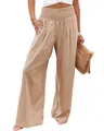 Pantaloni casual kaki a gamba larga in lino da donna con vita alta elasticizzata. - Colore pelle
