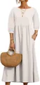 Loose fit white cotton linen long-sleeve midi dress with side pockets - S / Top And Bottom / Off White
