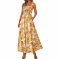 Detail of vibrant floral print maxi dress with smocked bodice and tie straps. - S / Yellow Floral