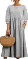 Detailed view of a grey long-sleeved cotton linen loose maxi dress with side pockets - Light Gray