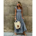 Chic summer blue and white plaid maxi dress with smocked bodice and ruffled shoulder straps - S / Top And Bottom / Black