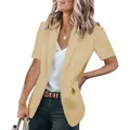 Detail view of stylish summer short-sleeved yellow blazer on a model for casual look - Apricot