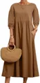 Detailed view of brown cotton linen long sleeve loose casual midi dress with pockets - Brown