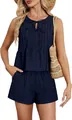 Stijlvolle marineblauwe tweedelige zomervakantieset met geplooide top en korte broek - S / Boven- En Onderstuk / Donkerblauw