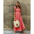 Summer red gingham maxi dress with smocked bodice and ruffled straps street style view - S / Top And Bottom / Red
