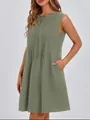 Summer sleeveless tie-neck pleated short dress in sage green for casual vacation wear - S / Tops / Olive Green